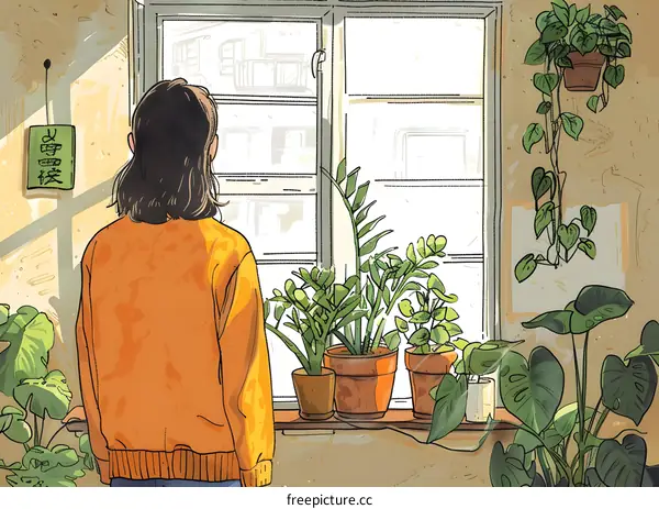Woman Looking Out Window with Plants