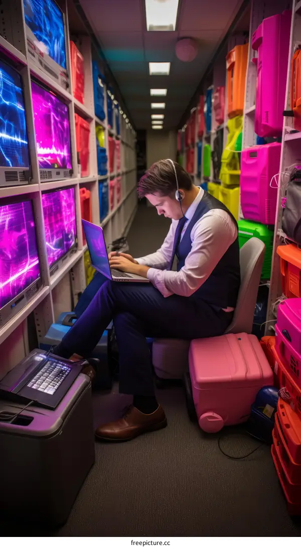 Caucasian man in a colorful room with many screens and suitcases
