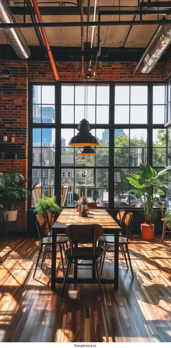 Industrial Style Dining Room with Large Windows