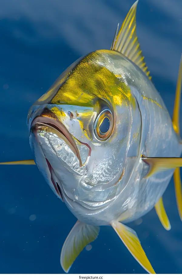 A largemouth bass fish with a yellow body and black stripes swimming in blue water