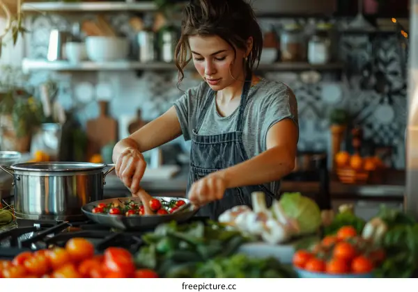 Young Woman Cooking Vegetables Using Wok