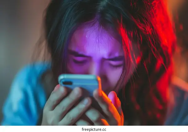A young woman is looking at her phone in the dark.
