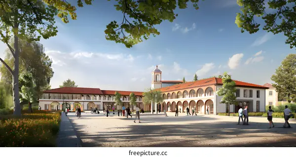 Architectural Design of a Modern Building with Arched Windows and Red Tile Roof