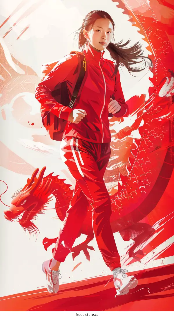 Chinese Dragon and Young Woman Running Towards the Future