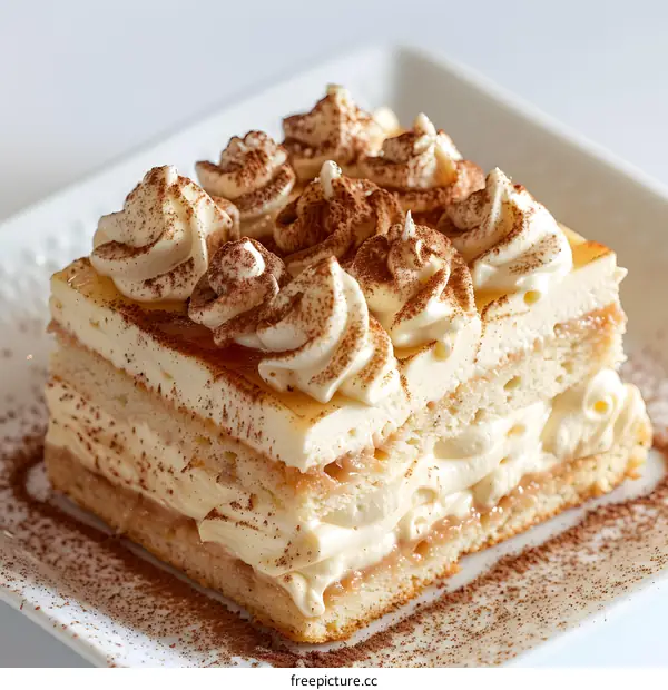 Delicious cake with white cream and cocoa powder on white plate