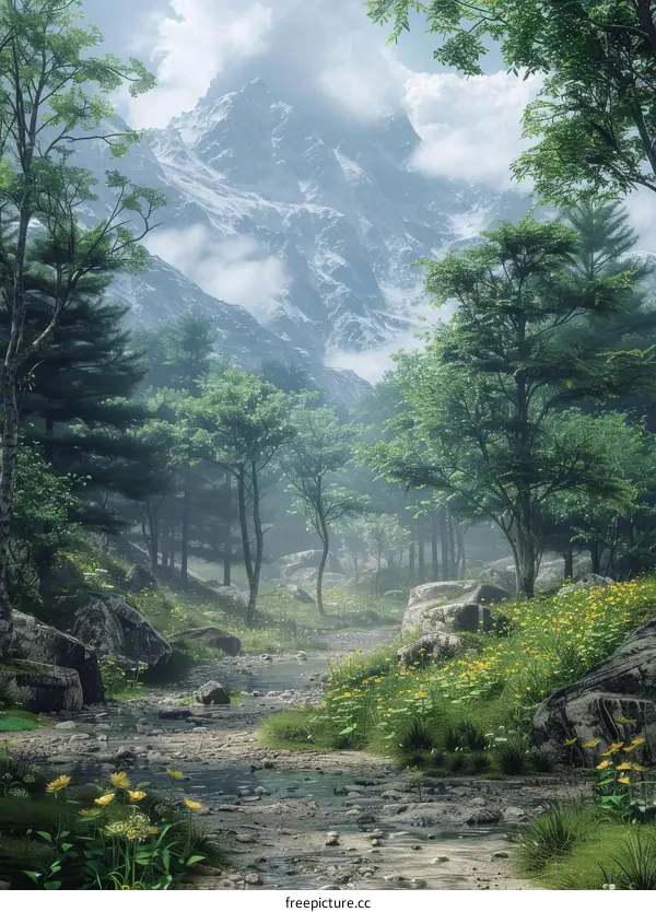 Misty Mountain Stream in a Rocky Forest