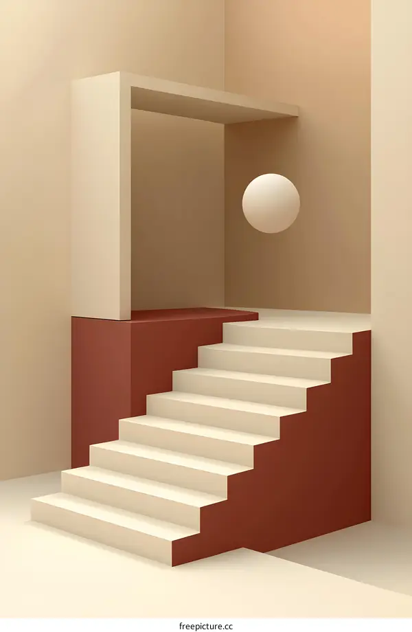 Minimalist Abstract Interior Design With Beige And Red Walls, Stairs, And A Sphere