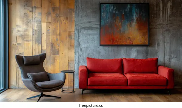 Modern Living Room with Red Sofa and Wooden Wall