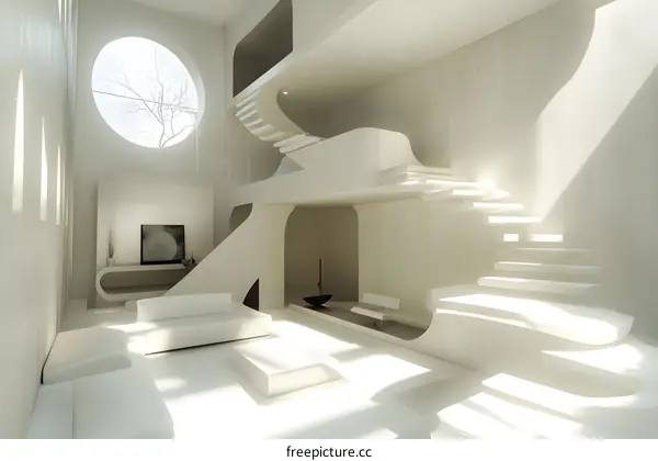 Modern Interior Design with Circular Window and White Stairs