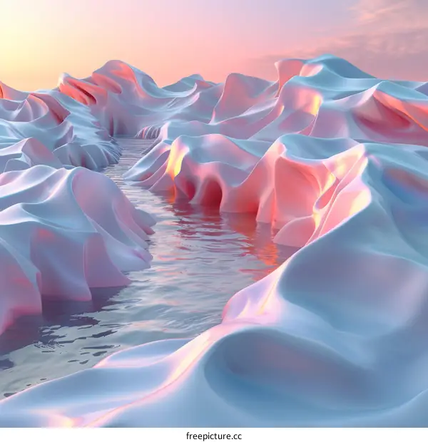 Pink alien landscape with a river flowing through it