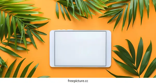 White Tablet with Palm Leaves on Orange Background