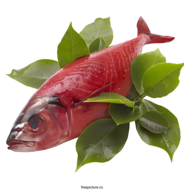 [Transparent Background PNG]red fish on white background with green leaves