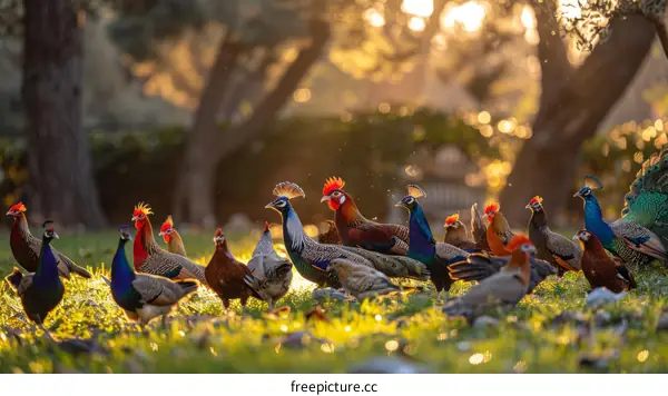 A variety of pheasants and peafowl in a barnyard