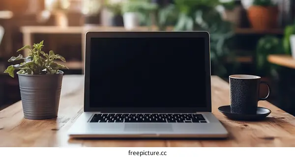 Laptop Computer On Wooden Table With A Coffee Cup And Potted Plant