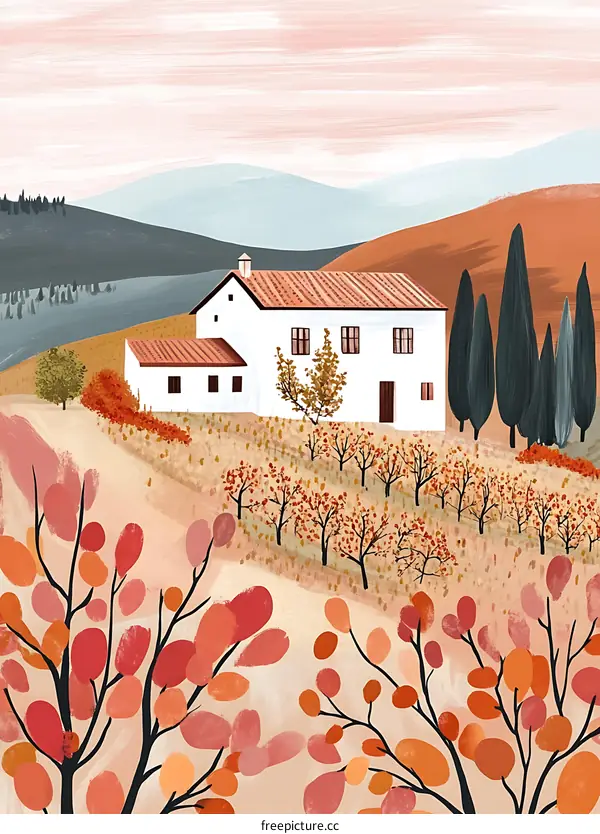 Autumn Landscape with White House and Red Trees