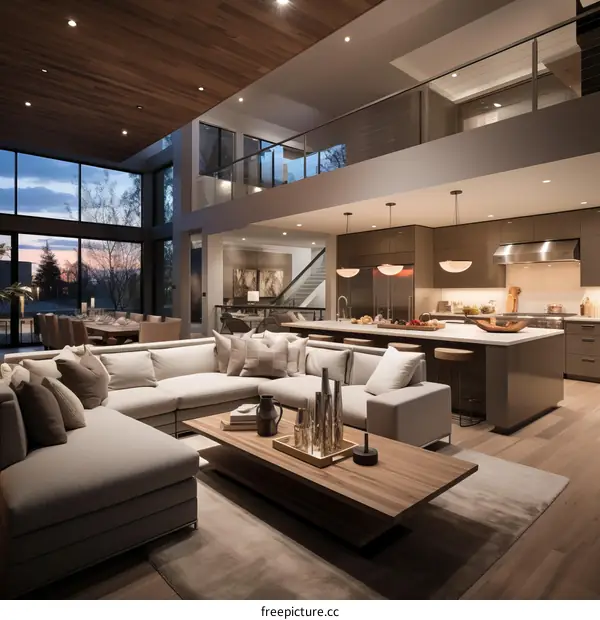 Open floor plan living room with kitchen and dining area