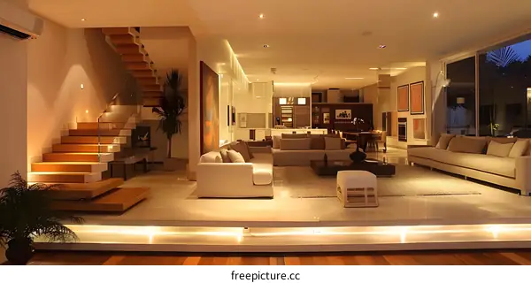 Modern Living Room with Staircase and Warm Lighting