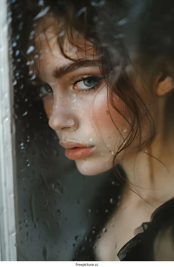 Portrait of a young woman with water drops on her face