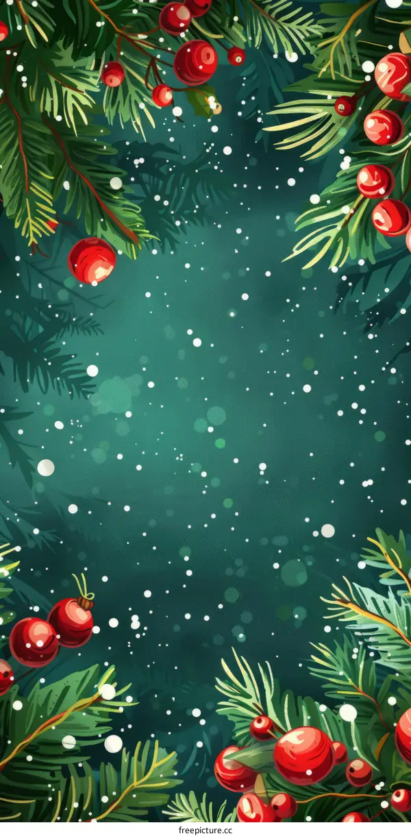 Christmas background with green fir branches and red berries