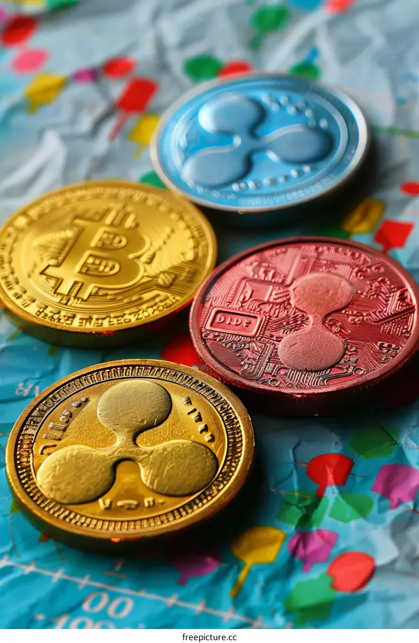 Four colorful cryptocurrency coins on a blue and pink background