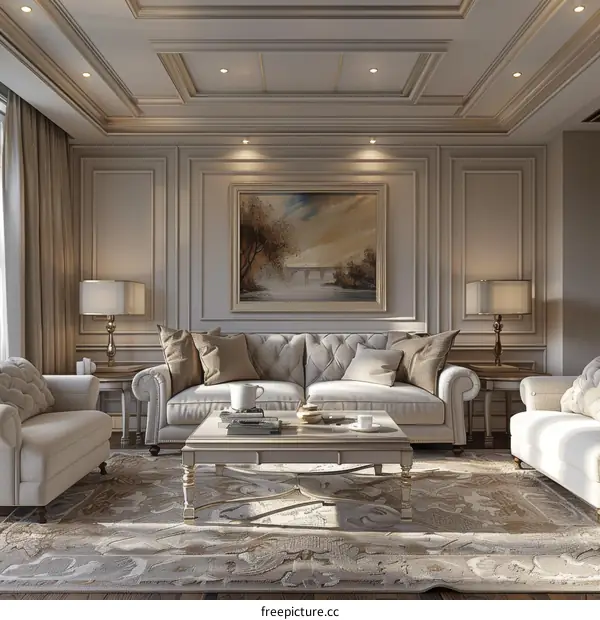 Ornate, Luxurious Living Room with Armchairs and Sofa