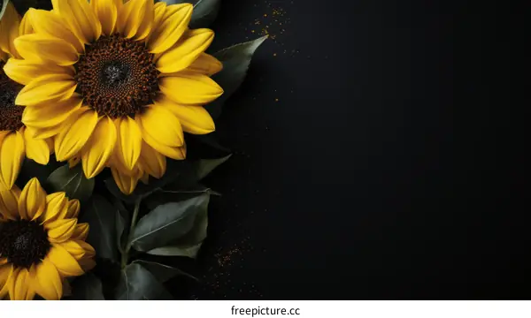 Yellow sunflowers against a black background
