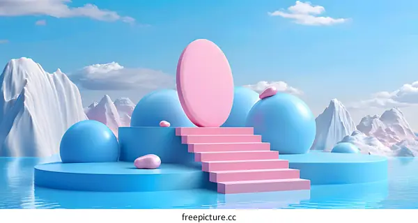 3D Rendered Minimalist Abstract Scene with Blue and Pink Geometric Shapes