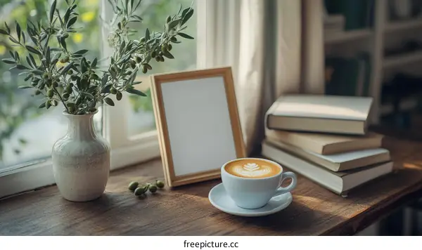 Cozy Windowsill Scene with Coffee and Books