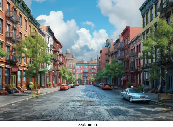 Colorful Buildings and Cars in Busy New York City Street