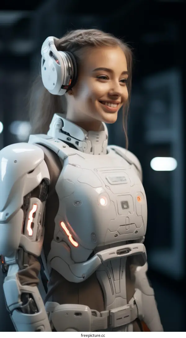 portrait of a beautiful young woman wearing a futuristic exoskeleton suit