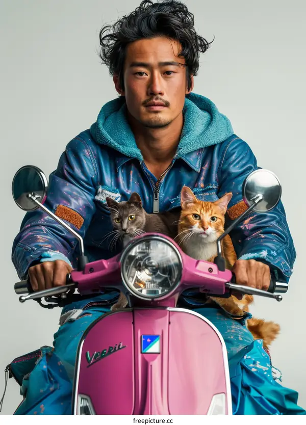 A young man with cats on a motorcycle