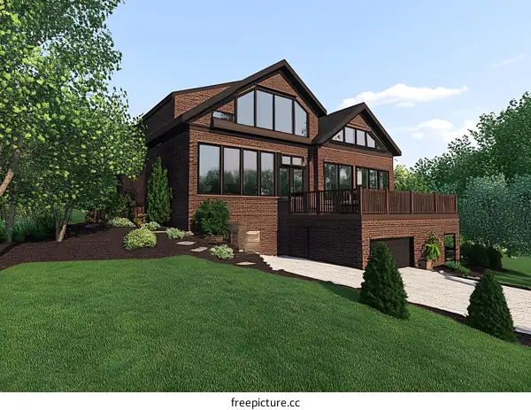 Modern Brick House with Large Windows and Deck