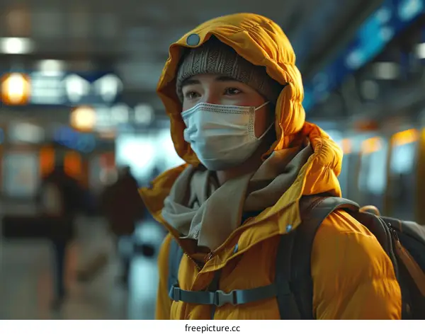 Portrait of a young man wearing a face mask in a public place