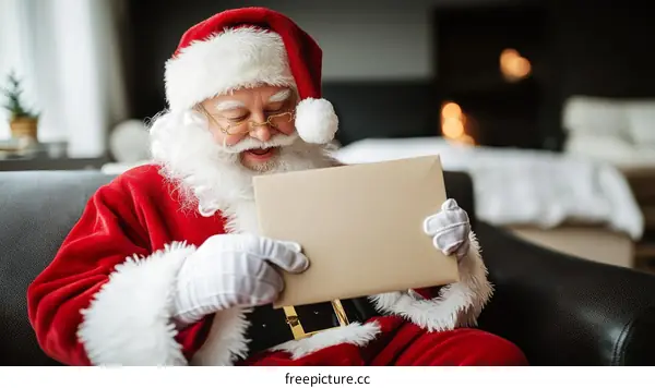 Santa Claus Opening a Gift on Christmas