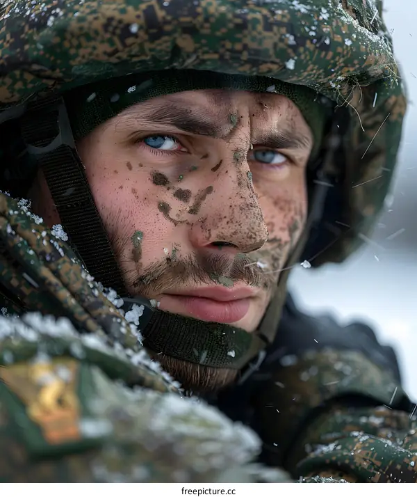 Portrait of a Russian soldier in winter camouflage