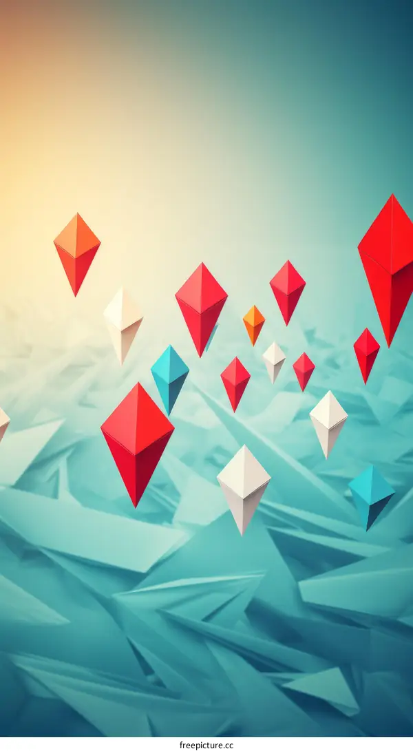 Colorful 3D diamonds floating above a sea of blue origami