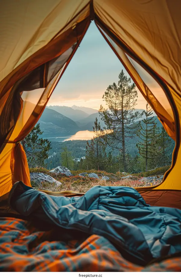 Camping in the mountains with a view of the lake and mountains