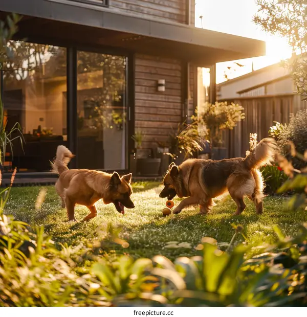 Two dogs playing fetch in the backyard