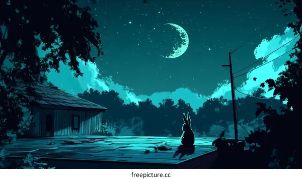 Nighttime Countryside Scene with a Rabbit