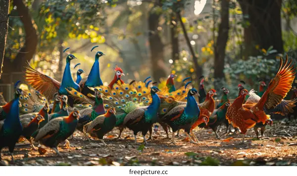 A group of peafowl and chickens in the forest