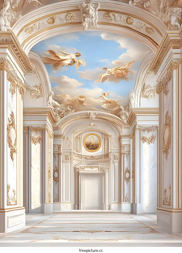 White And Gold Baroque Interior With Angel Painting Ceiling
