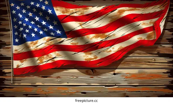 weathered American flag on a wooden background