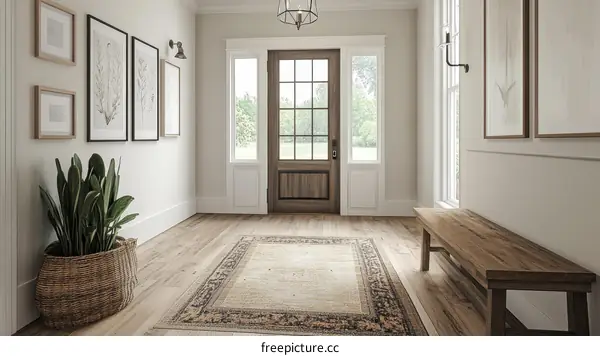 Cozy Entryway with Wooden Bench and Artwork