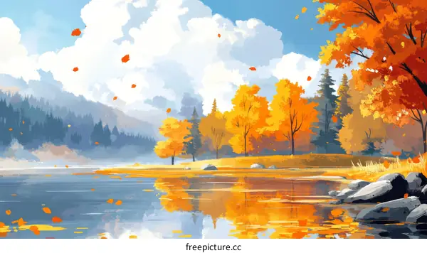 Autumn Lakeside Landscape Illustration