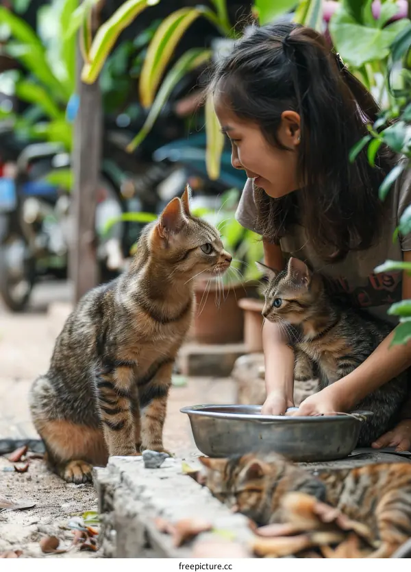 A young Asian woman is feeding two cats.