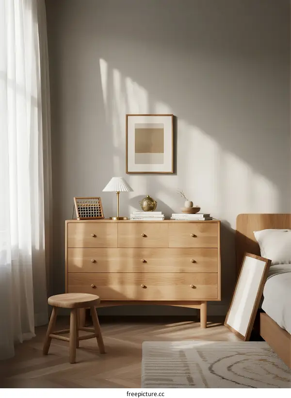 Warm wooden dresser with minimal decor in bright bedroom