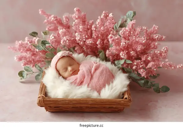 Adorable Newborn Baby Girl in Pink Basket with Flowers