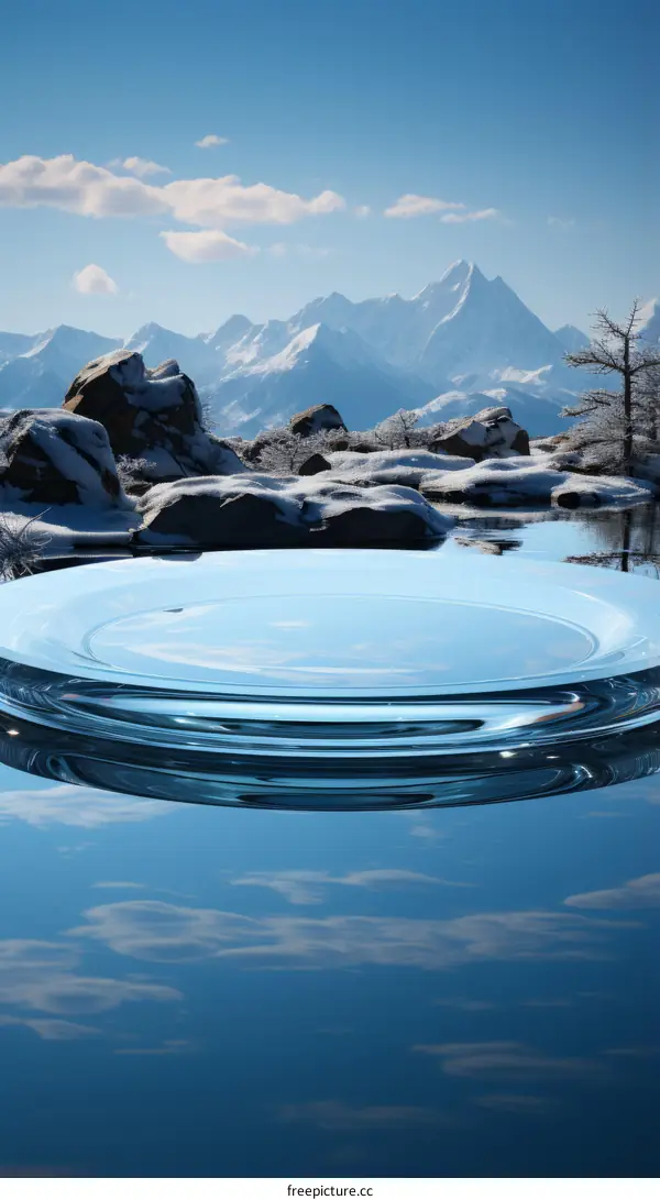 Snowy mountains reflected in calm water platform