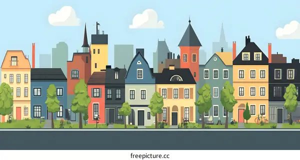 Cartoon Illustration Of A Suburban Neighborhood With Colorful Houses And Green Trees