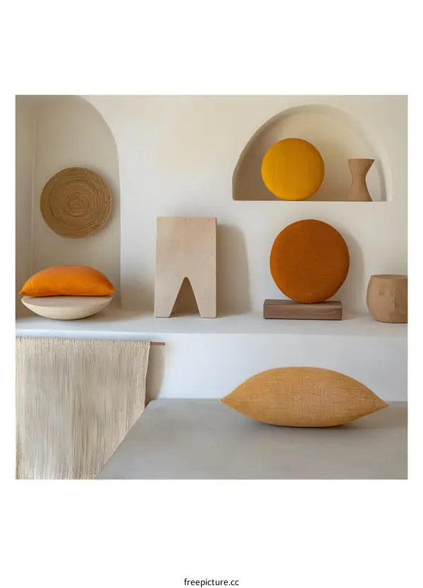 Modern Minimalist Home Decor with Woven Pillows and Wooden Stools